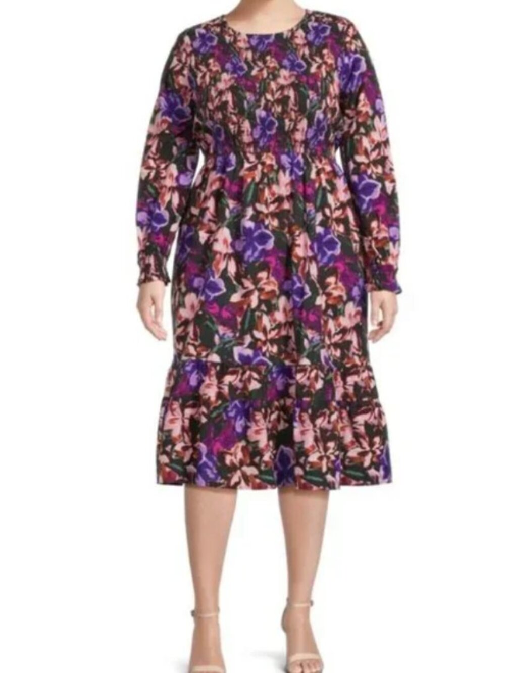 Terra & Sky Floral Long-Sleeve Smocked Dress - Purple & Pink 0X 14